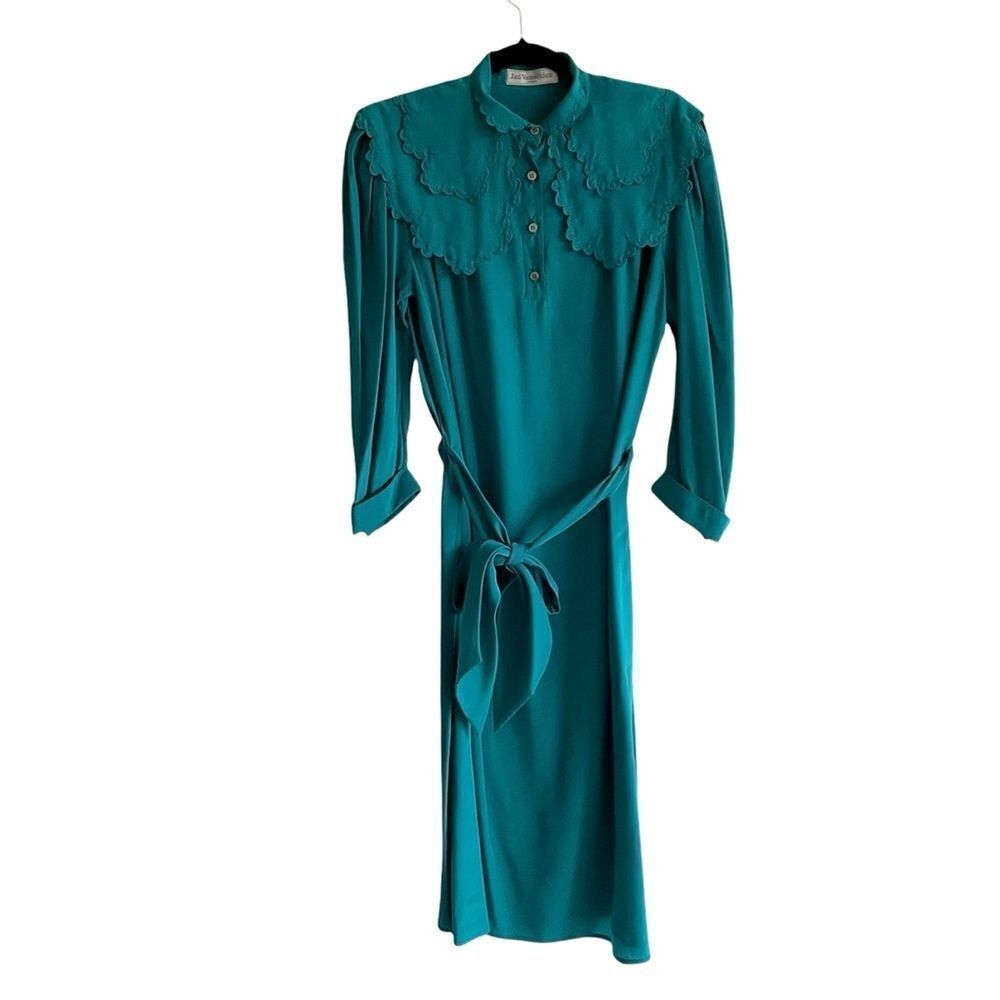 JAN VAN VELDEN London Emerald Green Silk Midi Dress Belt L